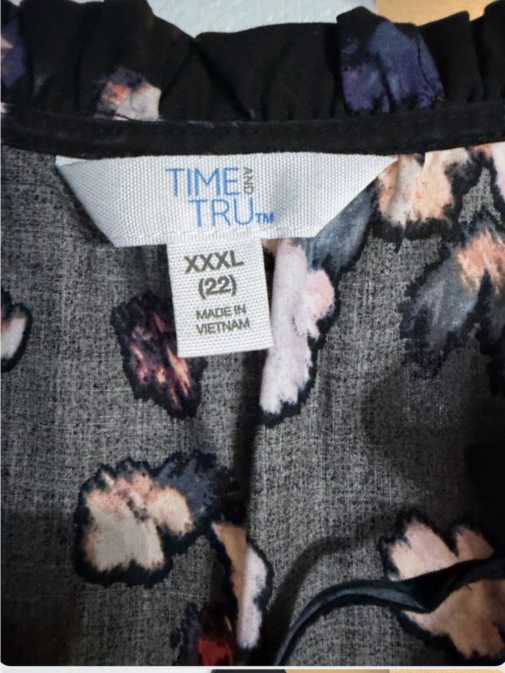 Time and Tru Floral Midi Dress in Gray with Pink and Navy Accents